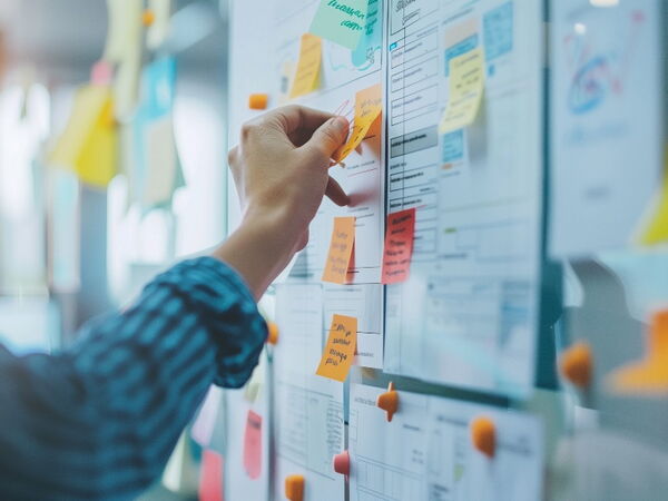 Manager nutzen agile Methoden und Kanban-Boards, um Daten zu analysieren und Geschäftsstrategien im Büro zu entwickeln